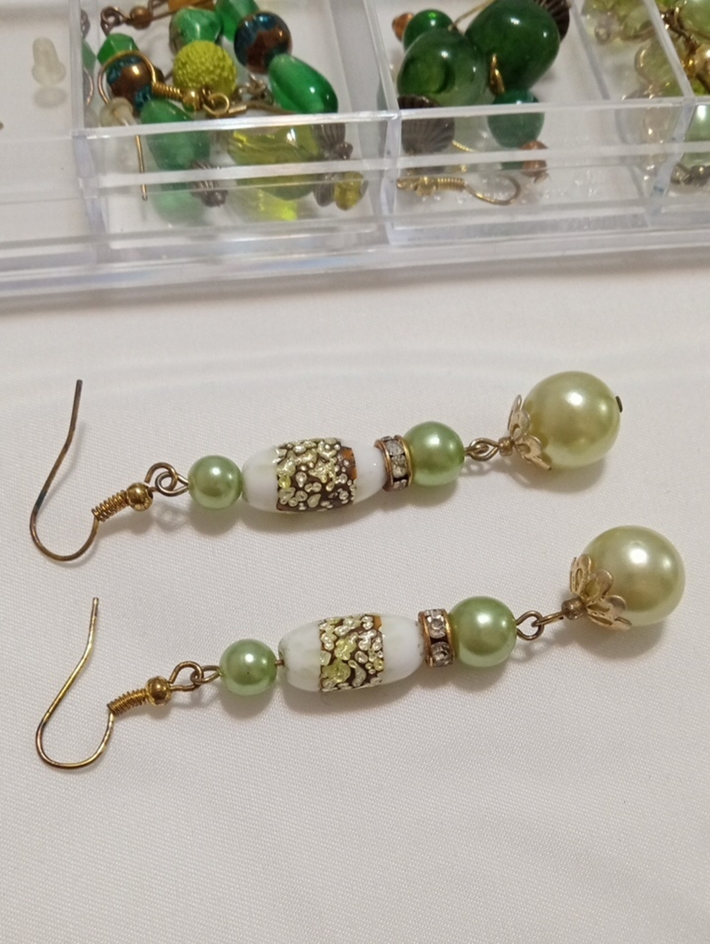 Green Pearl Drop Earrings with Gold Accents - Unbranded